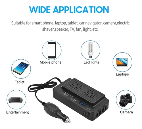 Inversor de corriente para carro y los equipos que carga: celular, portátil, tablet y cámara
