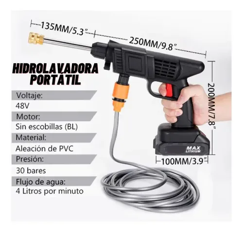 Medidas de la hidrolavadora portátil: 25 x 20 cm, con presión de 30 bares