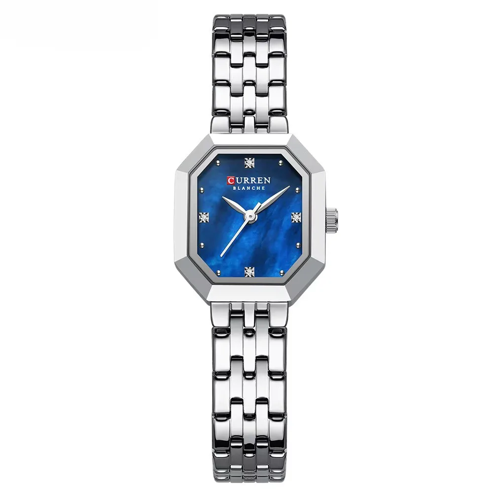 Reloj Curren 9108 octagonal plateado con esfera azul nacarada
