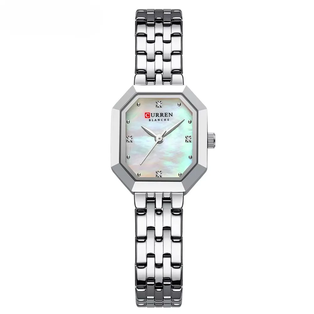 Reloj Curren 9108 octagonal plateado con esfera nacarada clara