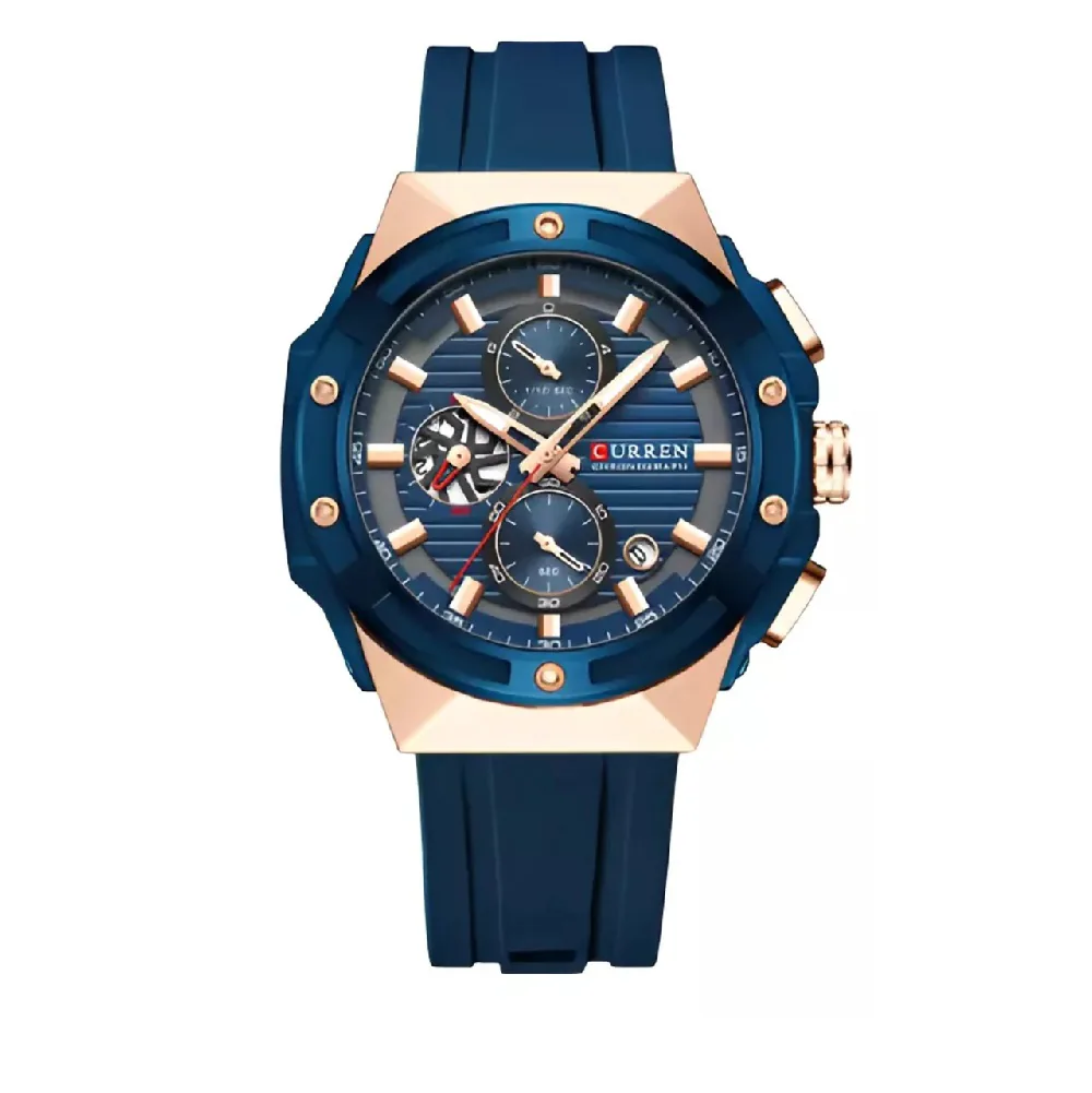 Reloj Curren 8462 azul con detalles oro rosa y pulso de silicona azul