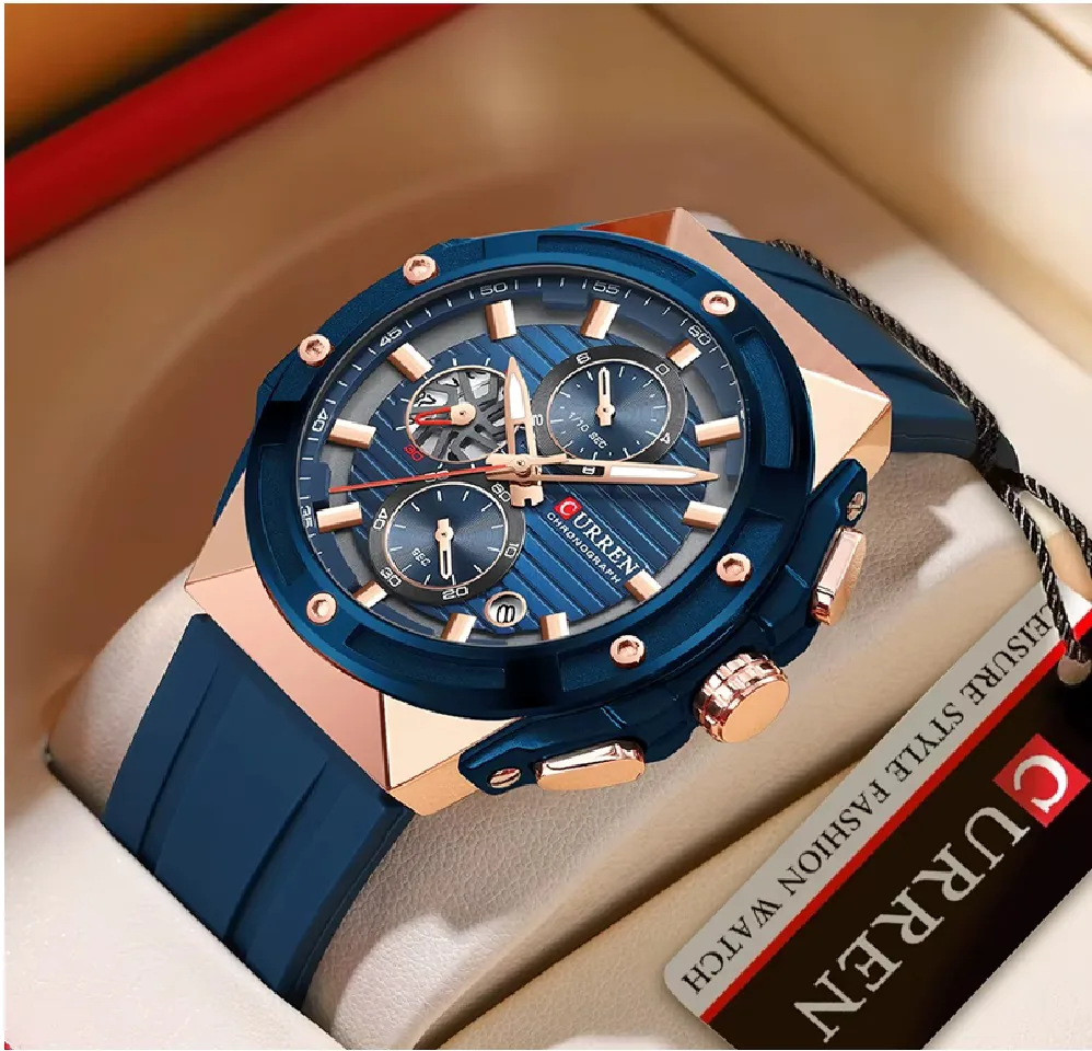 Reloj Curren 8462 azul dentro de su estuche con etiqueta Curren