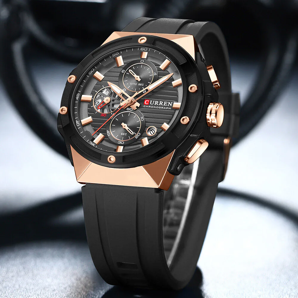 Reloj Curren 8462 negro con detalles oro rosa y pulso de silicona negro